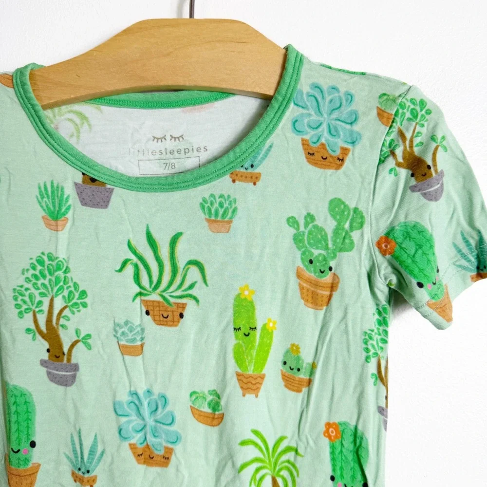 Little Sleepies Pajama Set Kids 7/8 Green Cactus Succulent Bamboo Lunaluxe